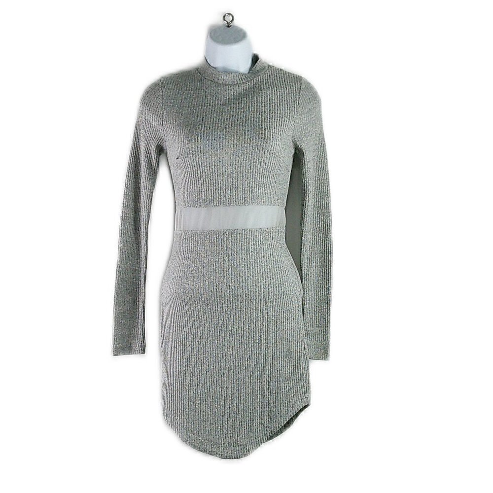 Rumor - Long Sleeve Grey Ribbed Knit Dress with Mesh Detail - XS